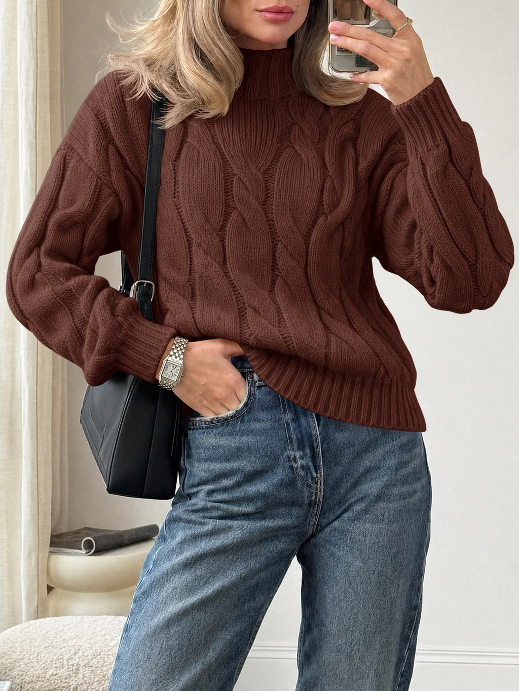 Saodimallsu Womens Mock Neck Cable Knit Sweater