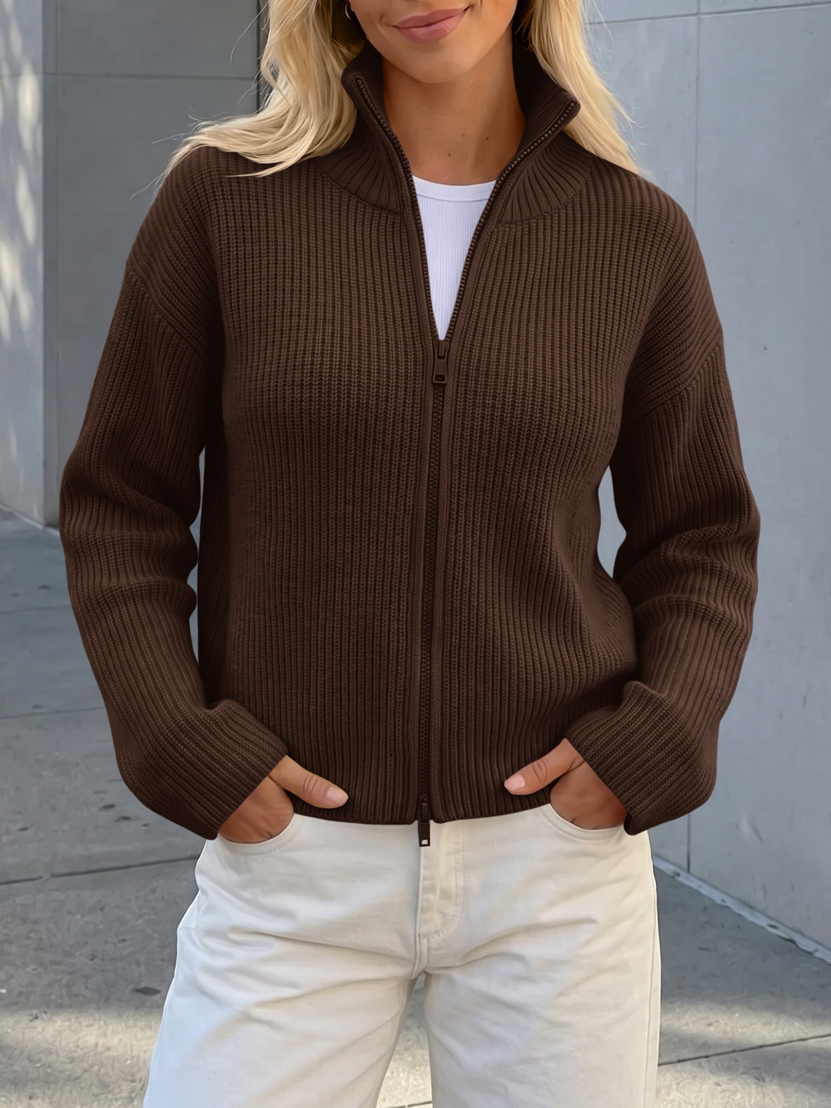 Saodimallsu Women Zip Up Chunky Knit Sweater