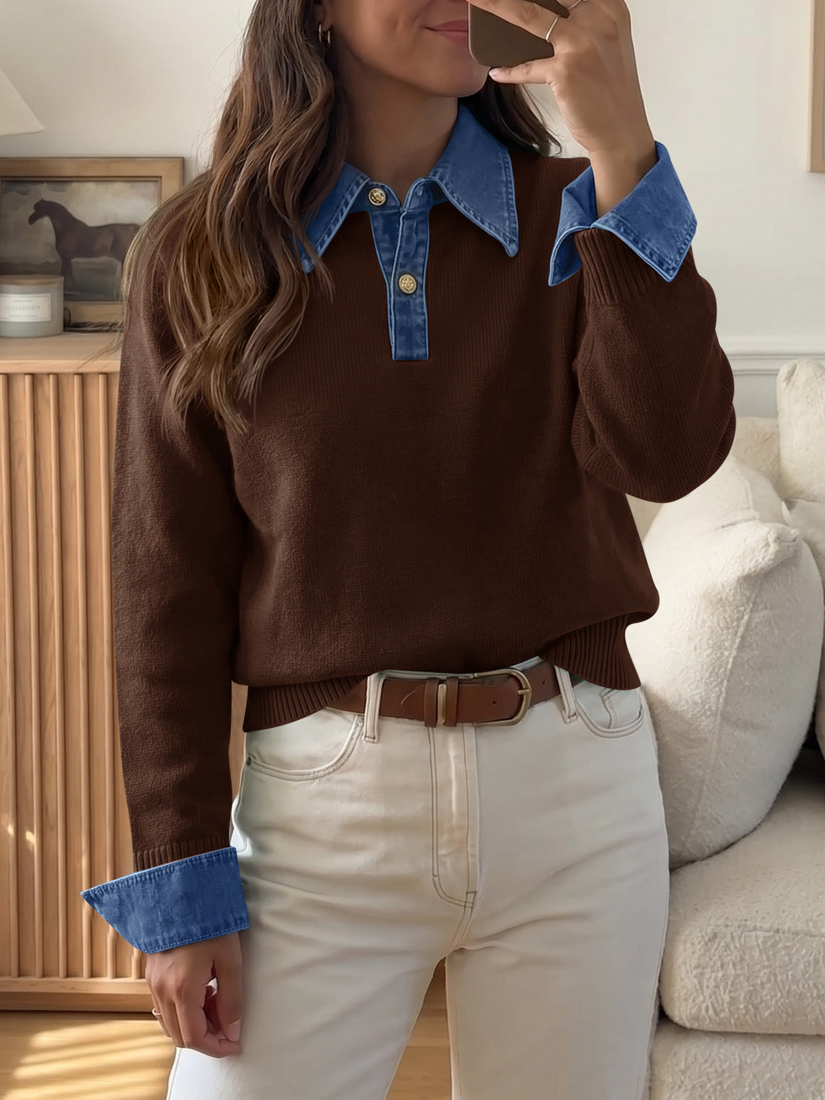Saodimallsu Women Denim Patchwork V Neck Sweater Tops