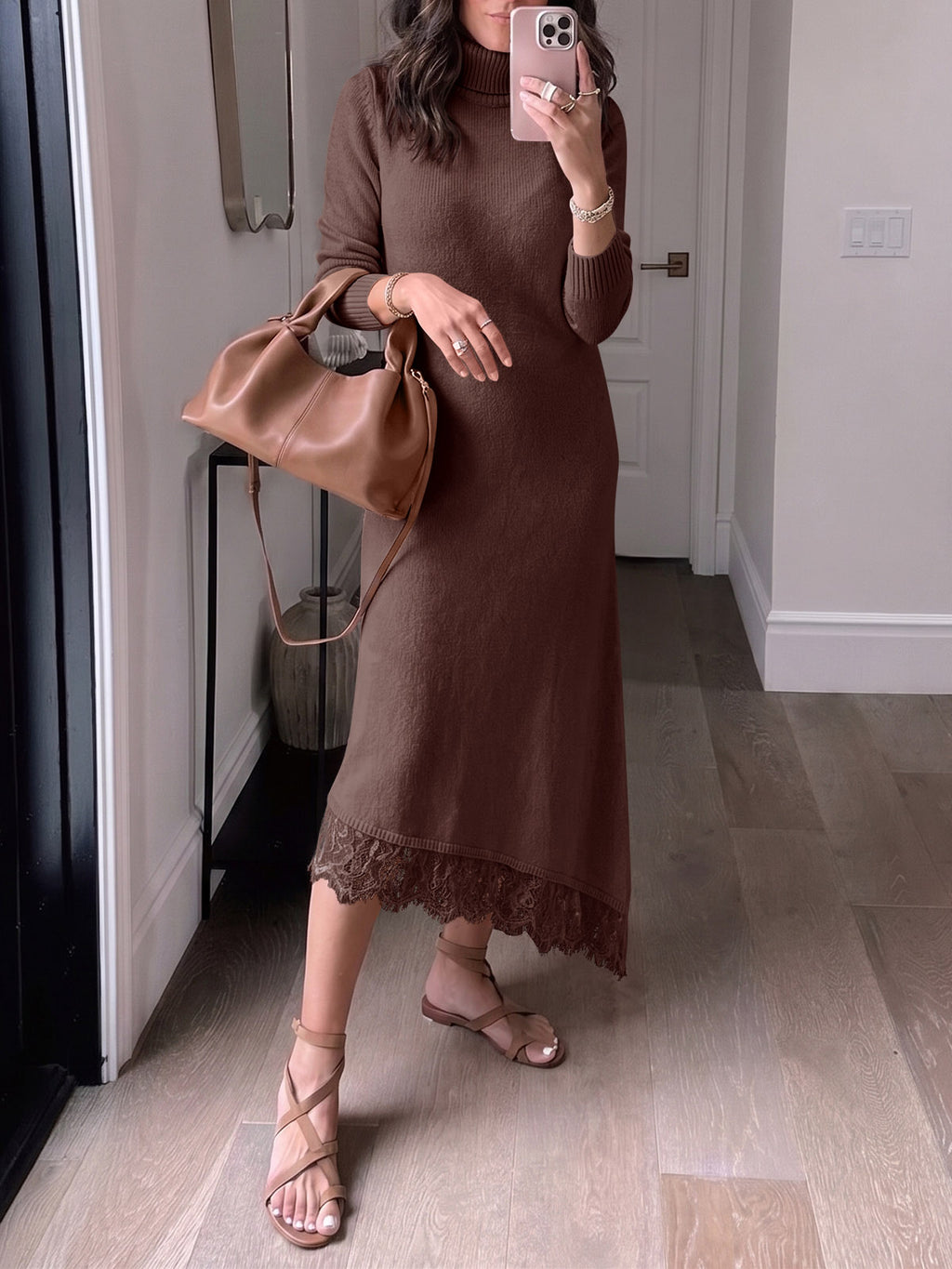 Saodimallsu Womens Lace Turtleneck Sweater Dress