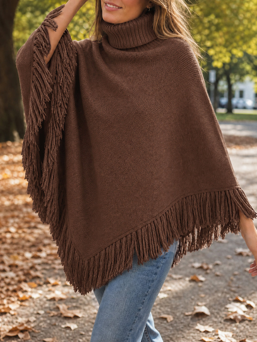 Saodimallsu Womens Fringe Turtleneck Poncho Sweater