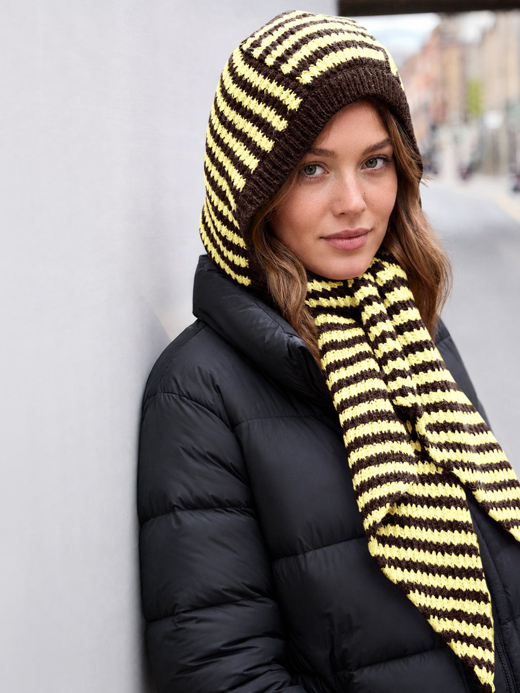 Saodimallsu Womens Striped Hooded Scarf Knit Hat