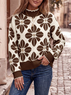 Saodimallsu Womens Mock Neck Floral Knit Sweater