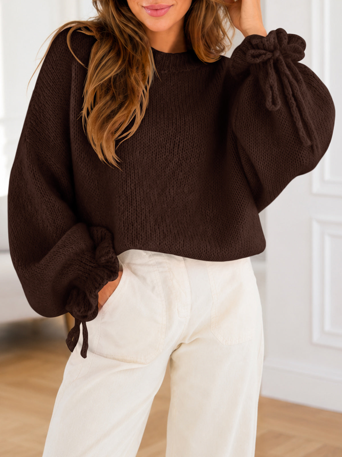 Saodimallsu Women Ruffle Long Sleeve Knit Sweater