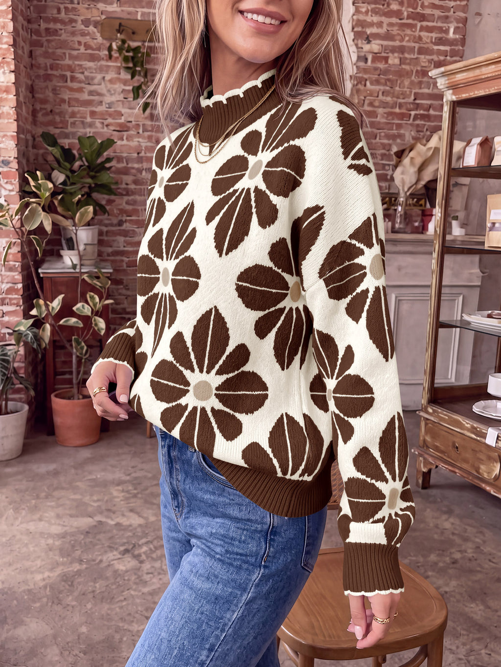 Saodimallsu Womens Mock Neck Floral Knit Sweater