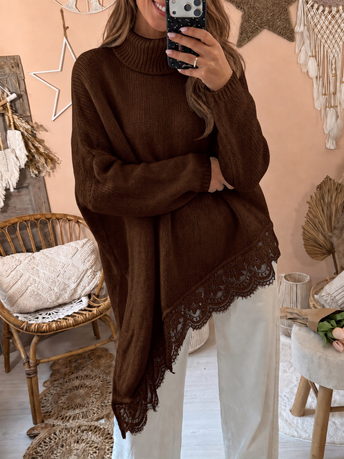 Saodimallsu Womens Oversized Batwing Sleeve Turtleneck Sweater