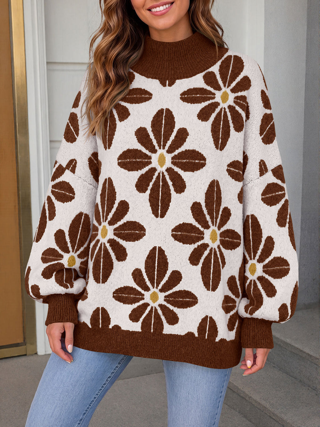 Saodimallsu Womens Floral Mock Neck Chunky Sweater