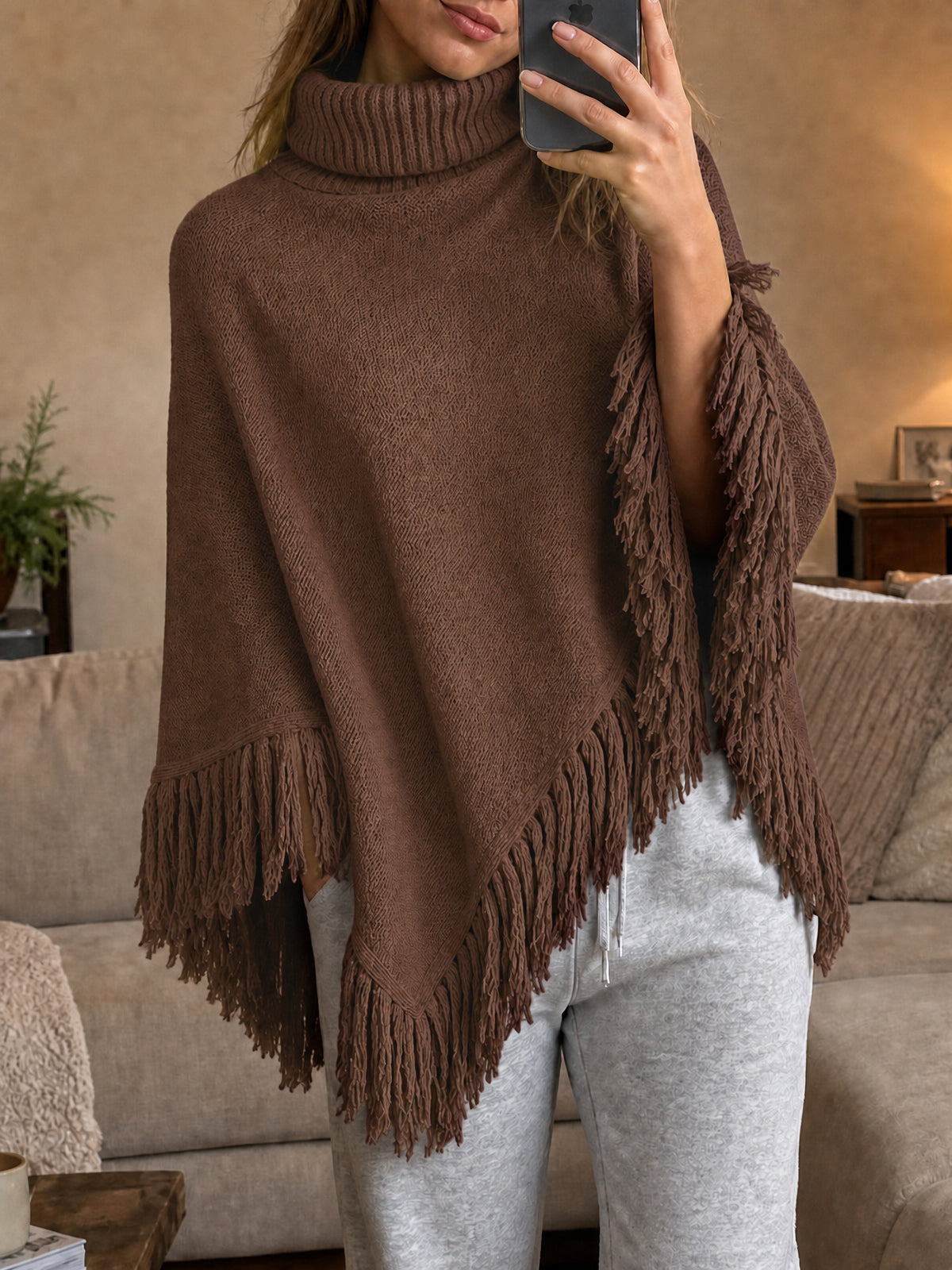 Saodimallsu Womens Fringe Turtleneck Poncho Sweater