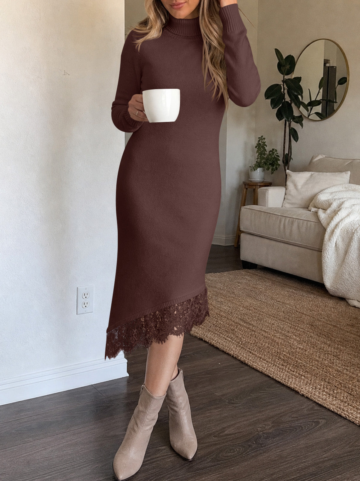 Saodimallsu Womens Lace Turtleneck Sweater Dress
