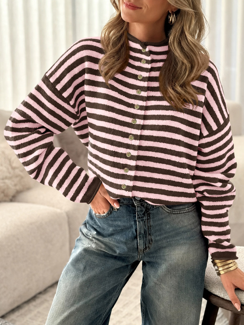 Saodimallsu Womens Striped Mock Neck Cardigan
