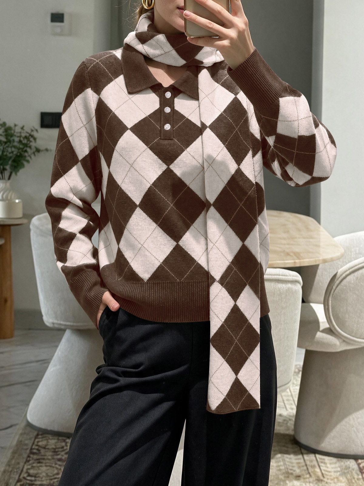 Saodimallsu Womens Argyle Color Block Polo Sweater