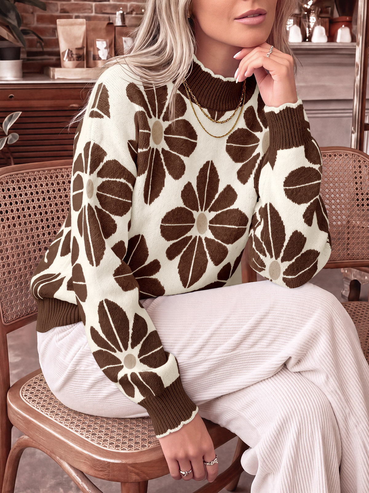 Saodimallsu Womens Mock Neck Floral Knit Sweater