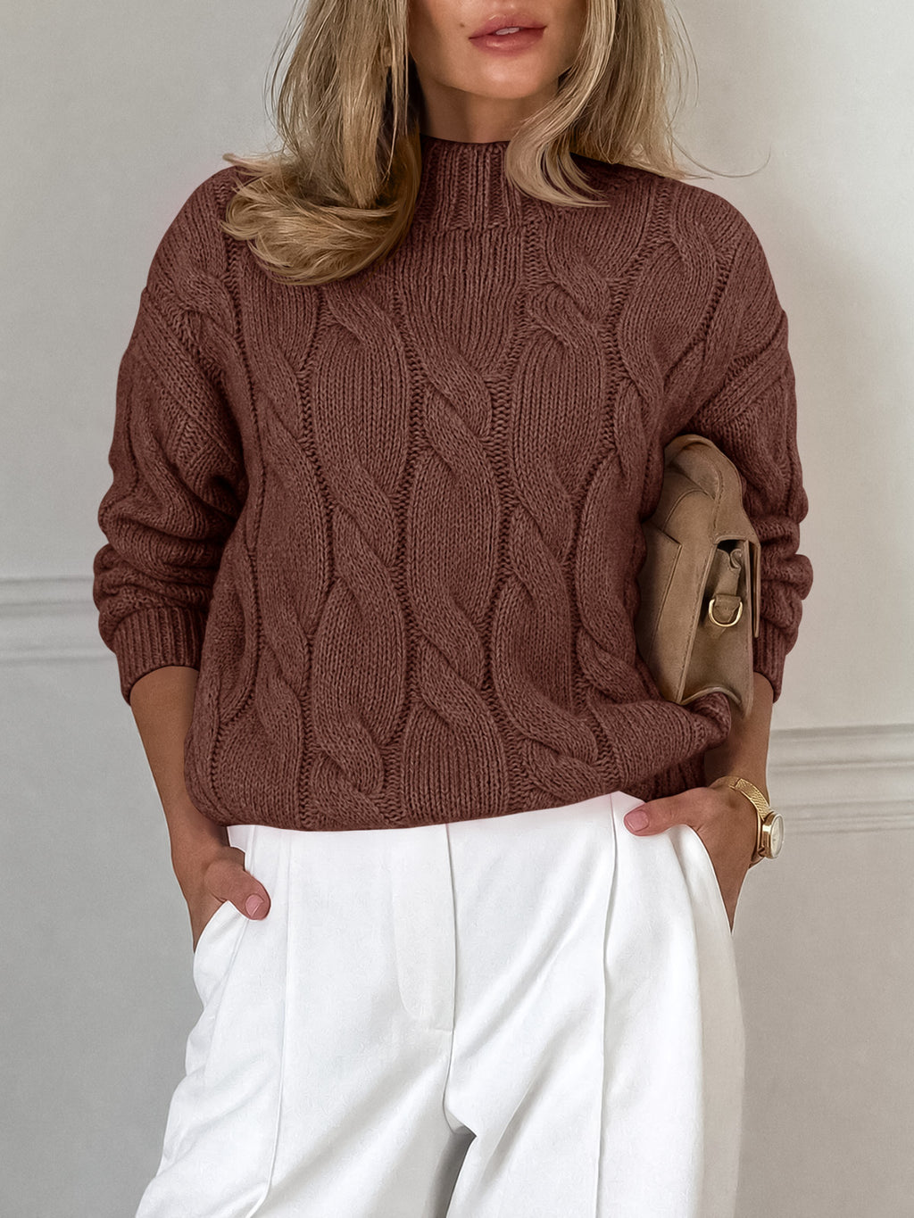 Saodimallsu Womens Mock Neck Cable Knit Sweater