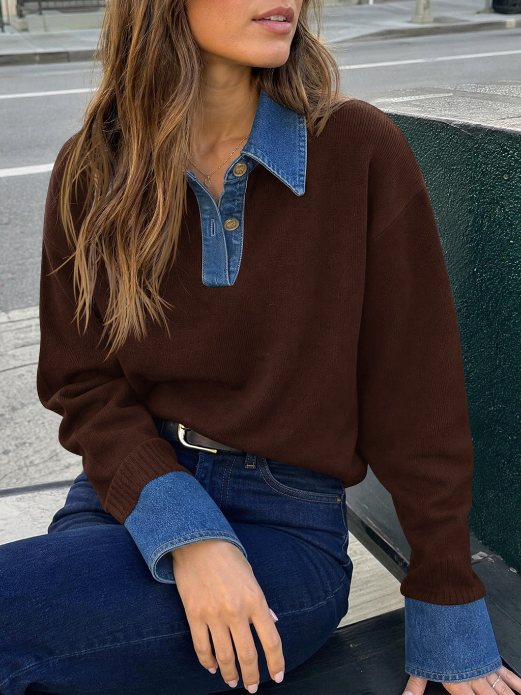 Saodimallsu Women Denim Patchwork V Neck Sweater Tops