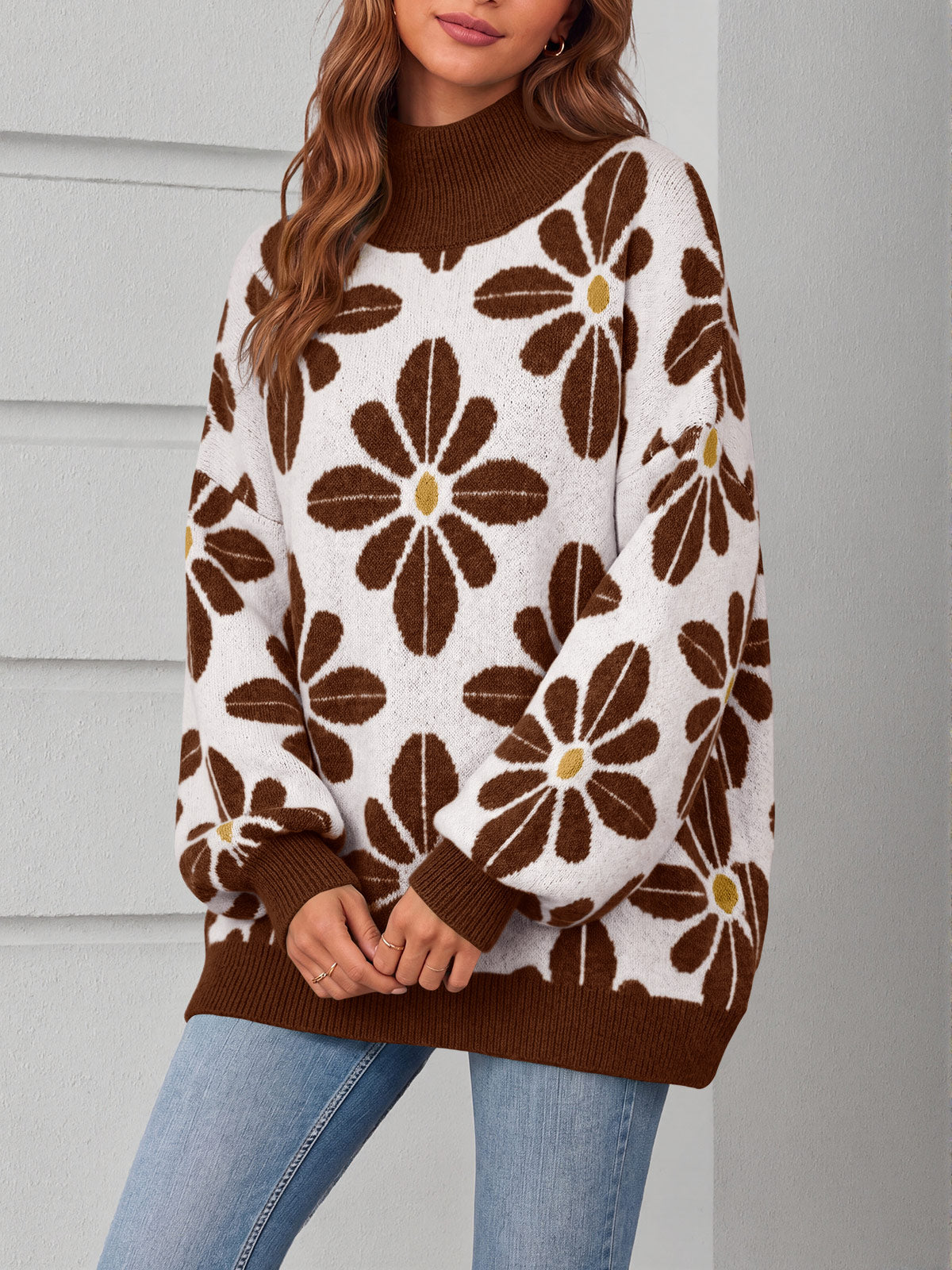 Saodimallsu Womens Floral Mock Neck Chunky Sweater