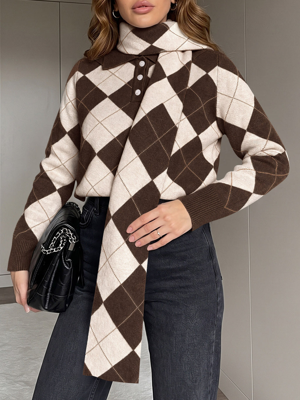 Saodimallsu Womens Argyle Color Block Polo Sweater