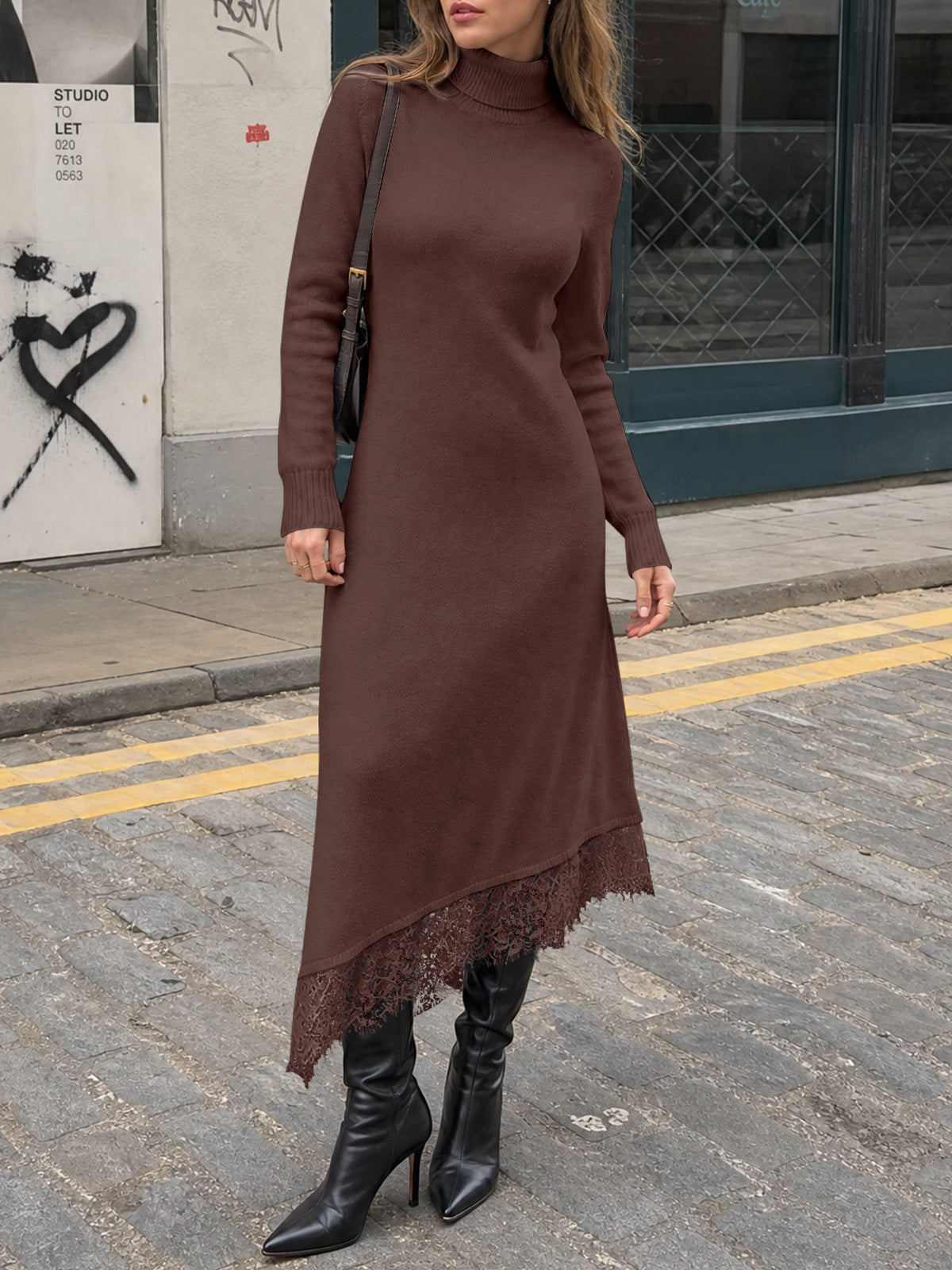 Saodimallsu Womens Lace Turtleneck Sweater Dress