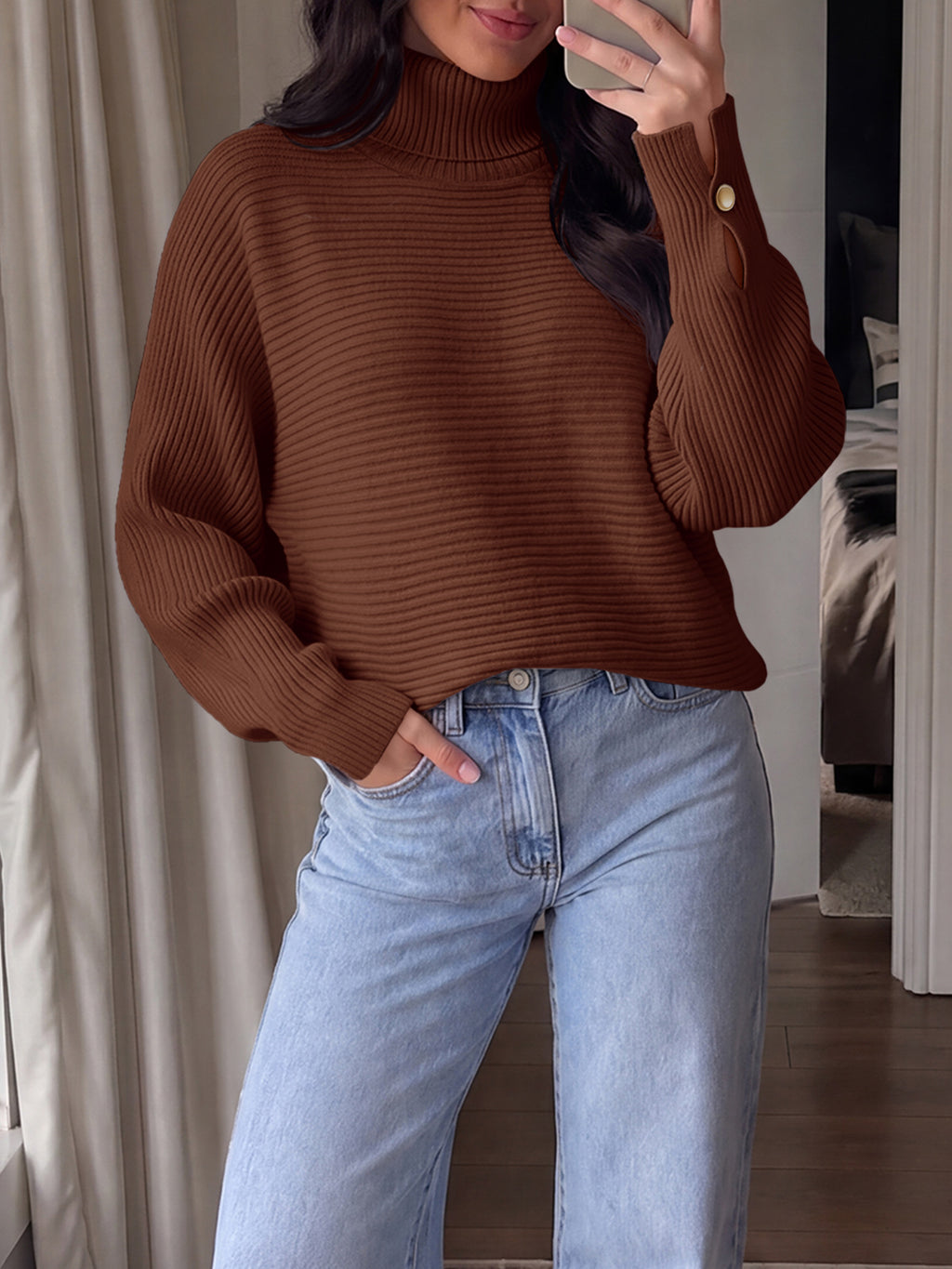 Saodimallsu Womens Batwing Sleeve Knit Turtleneck Sweater