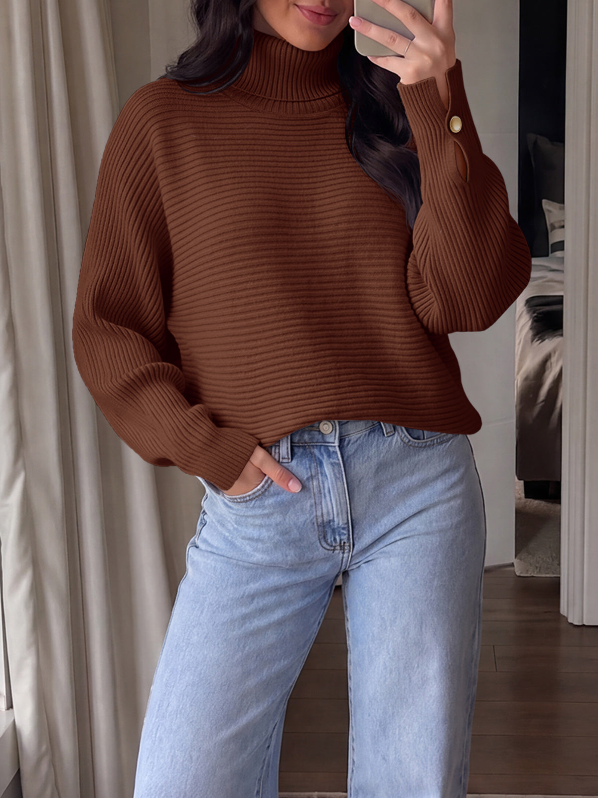 Saodimallsu Womens Batwing Sleeve Knit Turtleneck Sweater