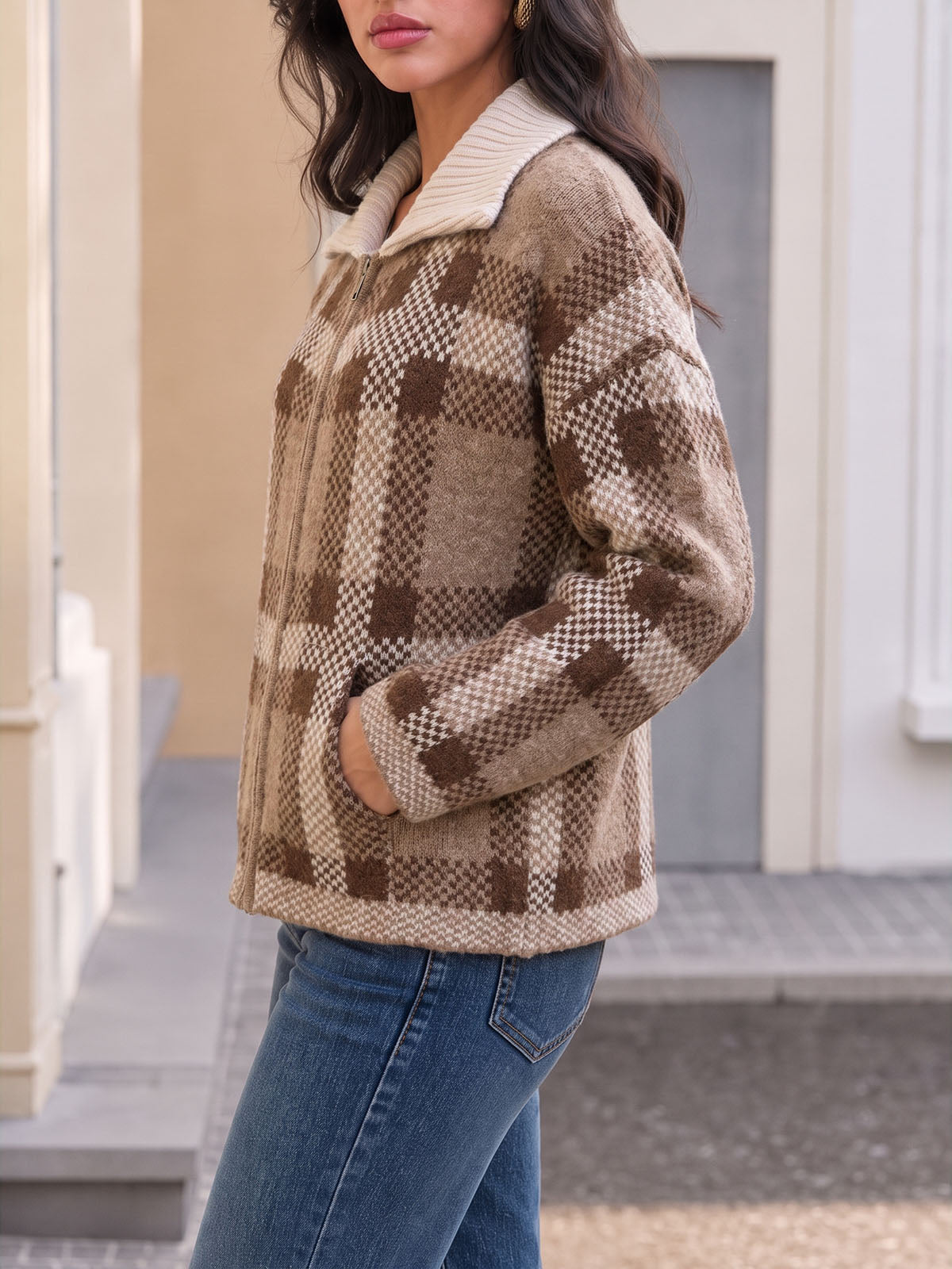 Saodimallsu Womens Plaid Color Block Zip Cardigan