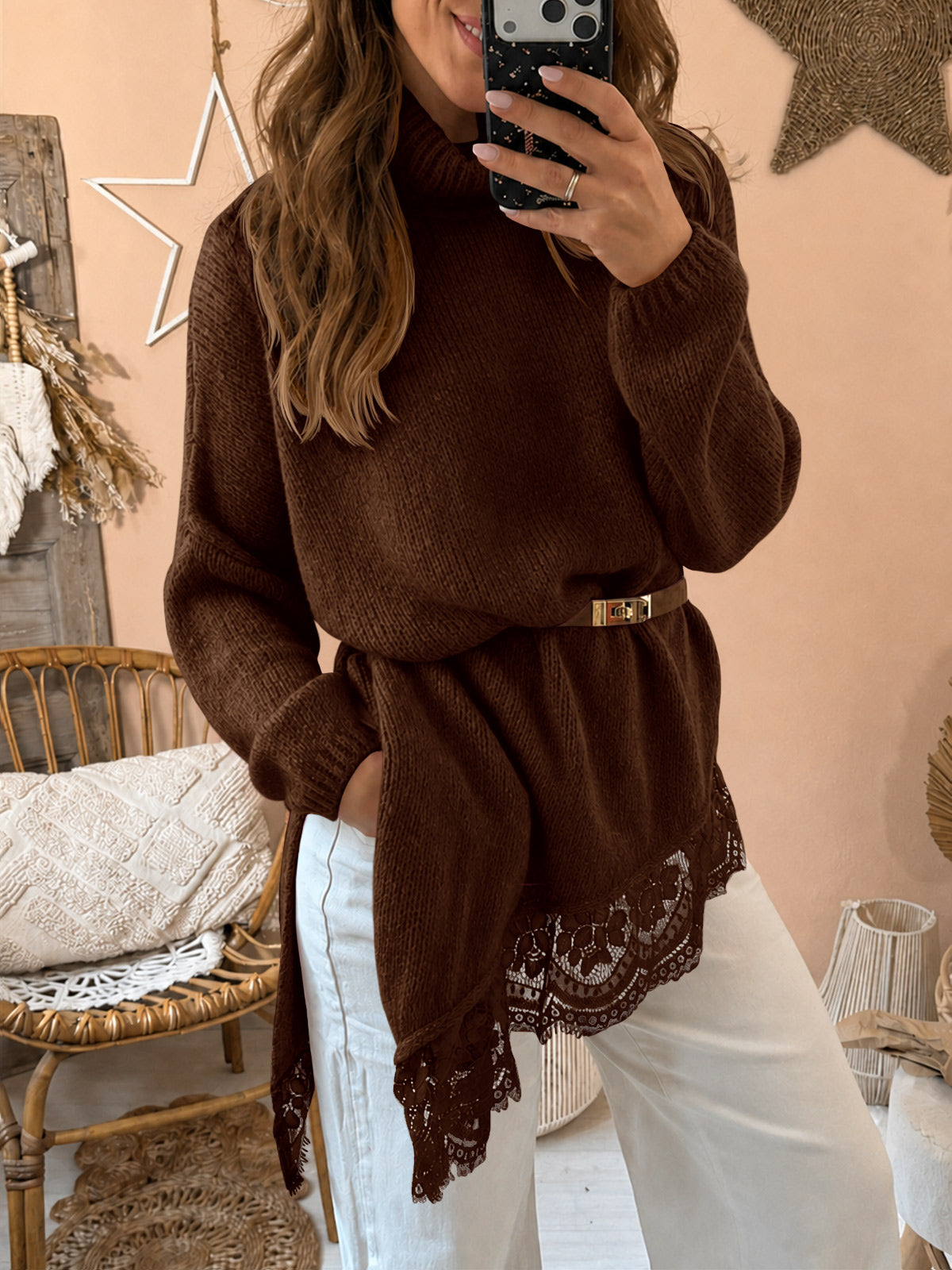 Saodimallsu Womens Oversized Batwing Sleeve Turtleneck Sweater