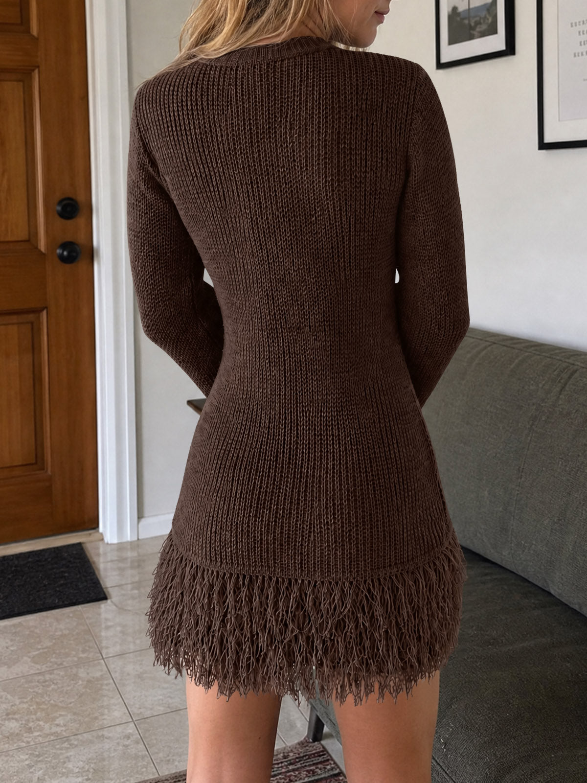 Saodimallsu Womens Fringe Waffle Knit Sweater Dress