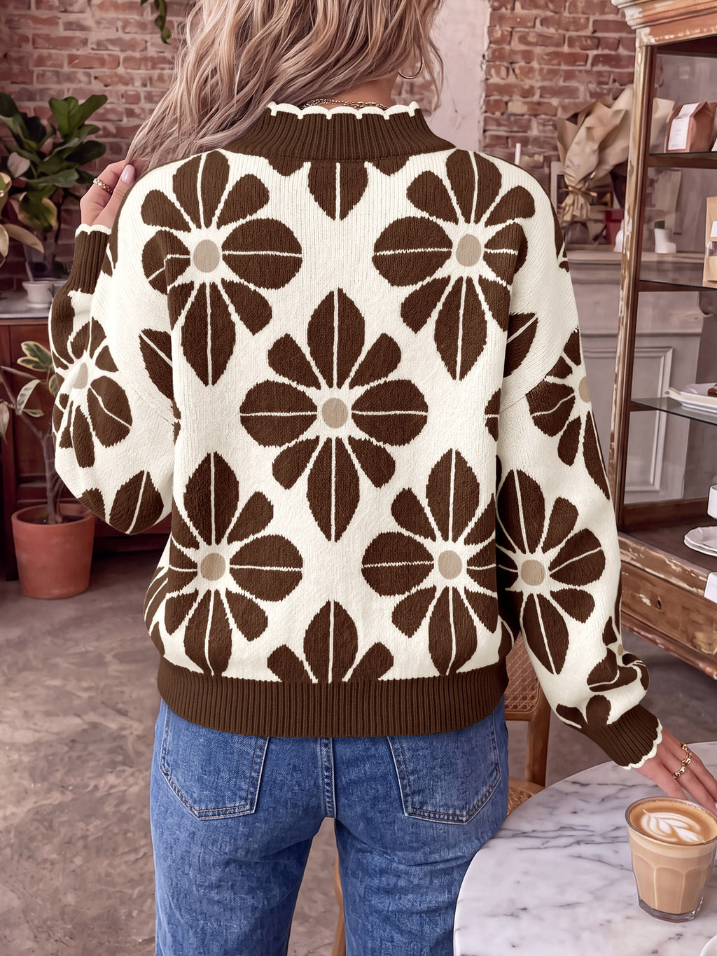 Saodimallsu Womens Mock Neck Floral Knit Sweater
