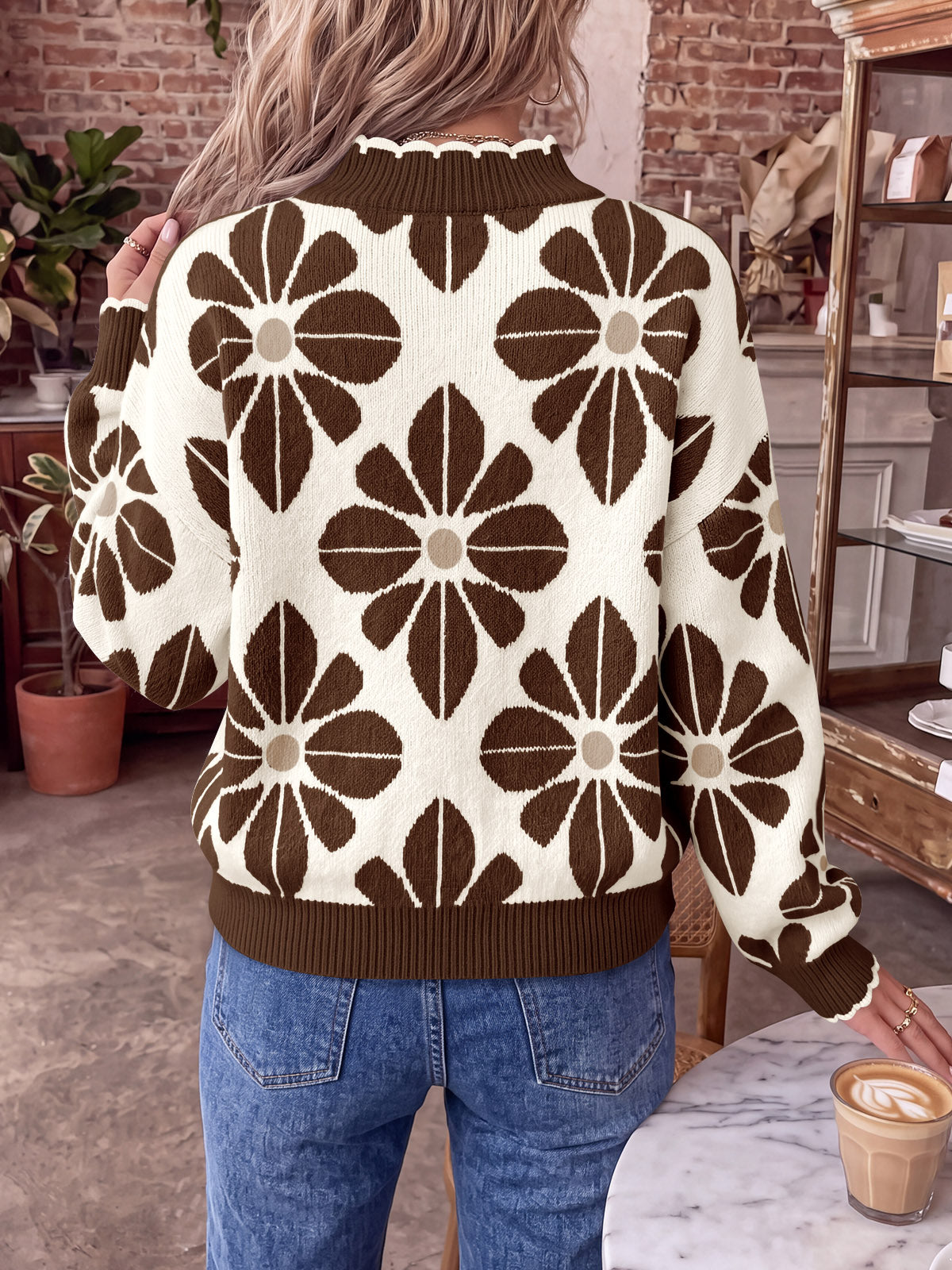 Saodimallsu Womens Mock Neck Floral Knit Sweater