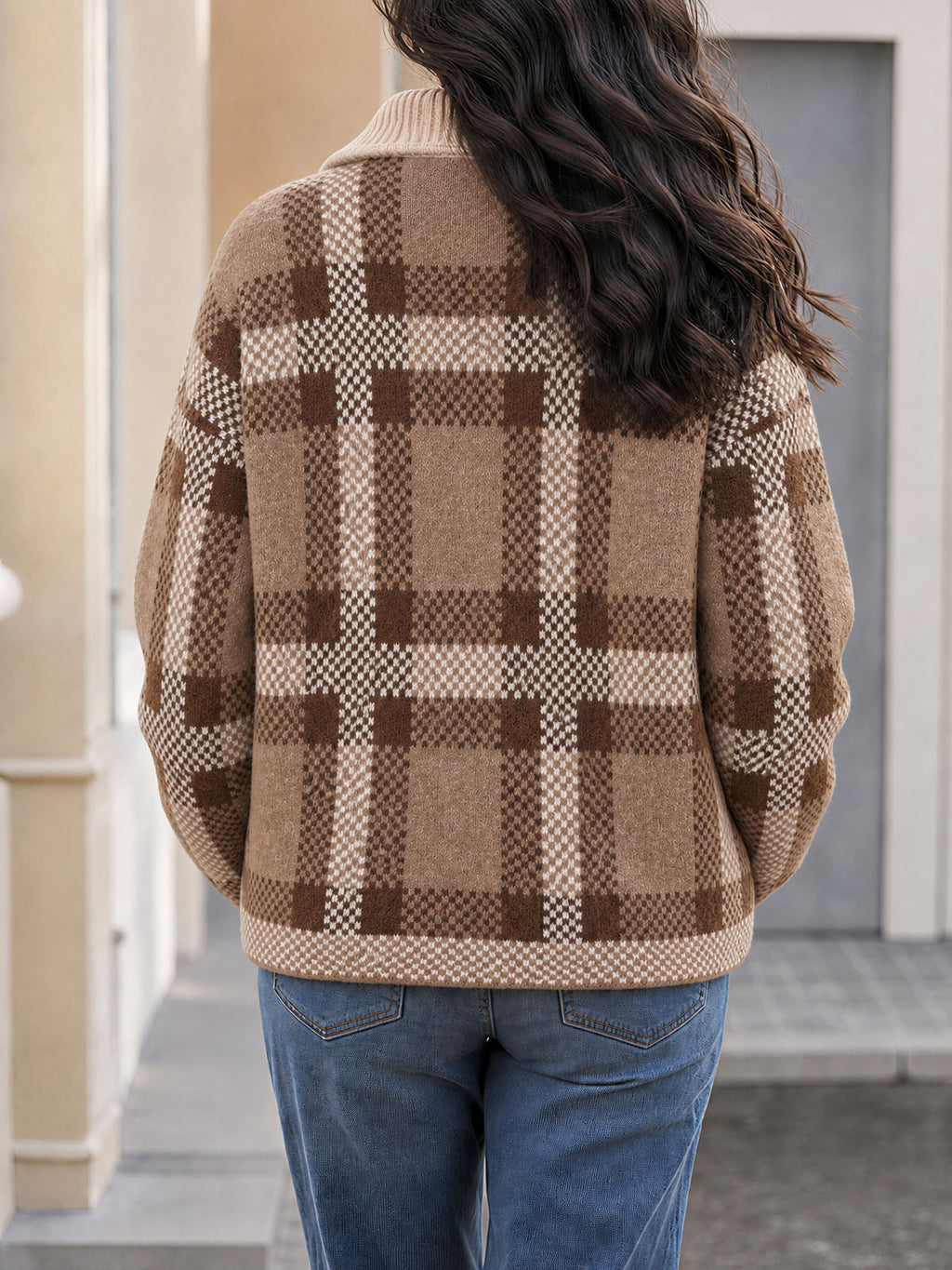 Saodimallsu Womens Plaid Color Block Zip Cardigan
