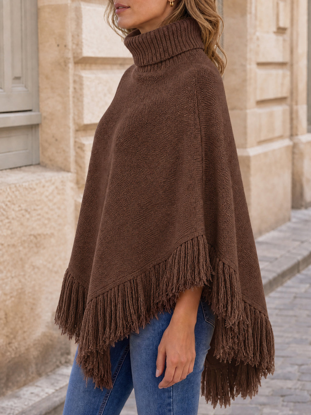 Saodimallsu Womens Fringe Turtleneck Poncho Sweater