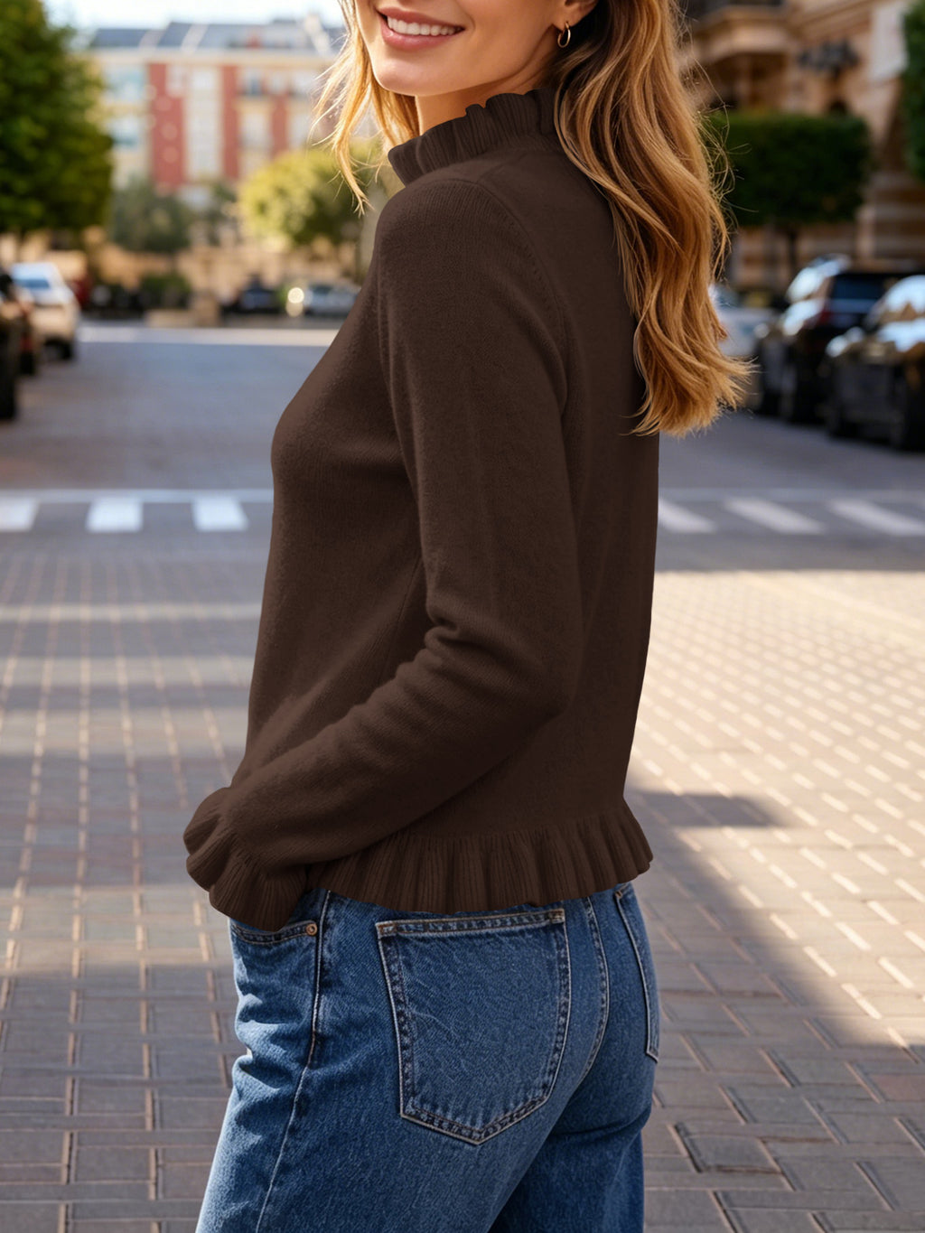 Saodimallsu Women Ruffle Mock Neck Knit Sweater