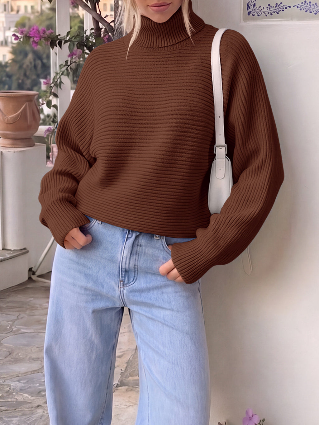 Saodimallsu Womens Batwing Sleeve Knit Turtleneck Sweater