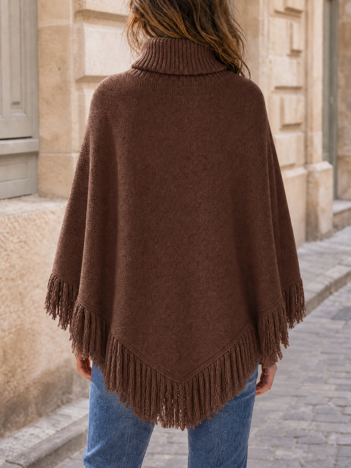 Saodimallsu Womens Fringe Turtleneck Poncho Sweater