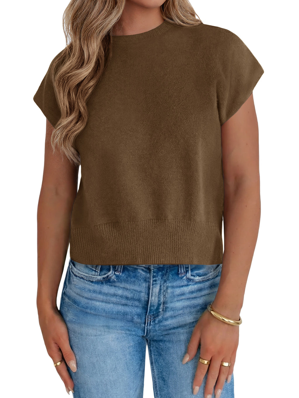 Saodimallsu Womens Crew Neck Cap Sleeve Sweater