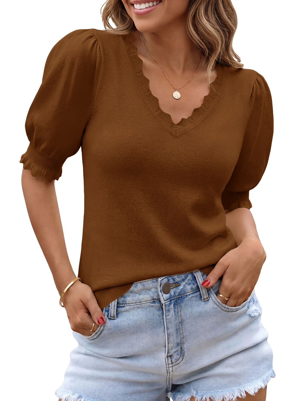Saodimallsu Womens Puff Sleeve V Neck Knit Pullover