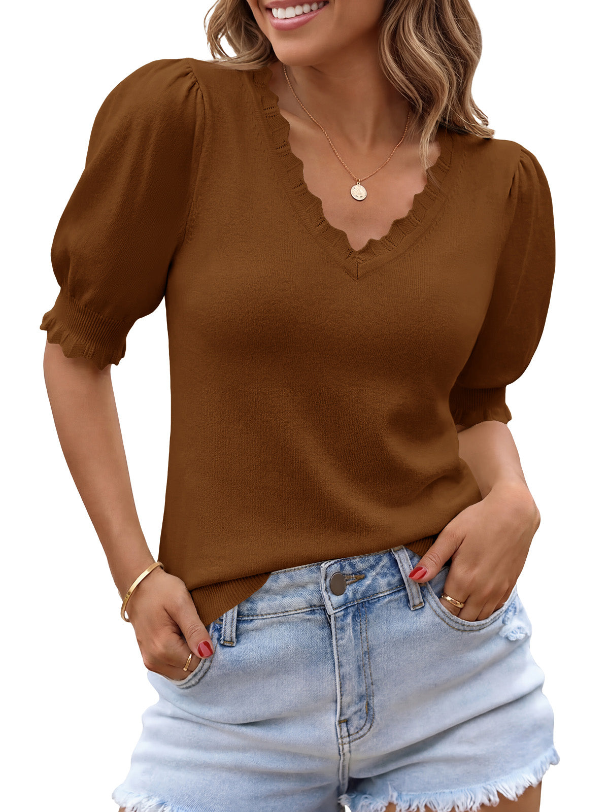 Saodimallsu Womens Puff Sleeve V Neck Knit Pullover