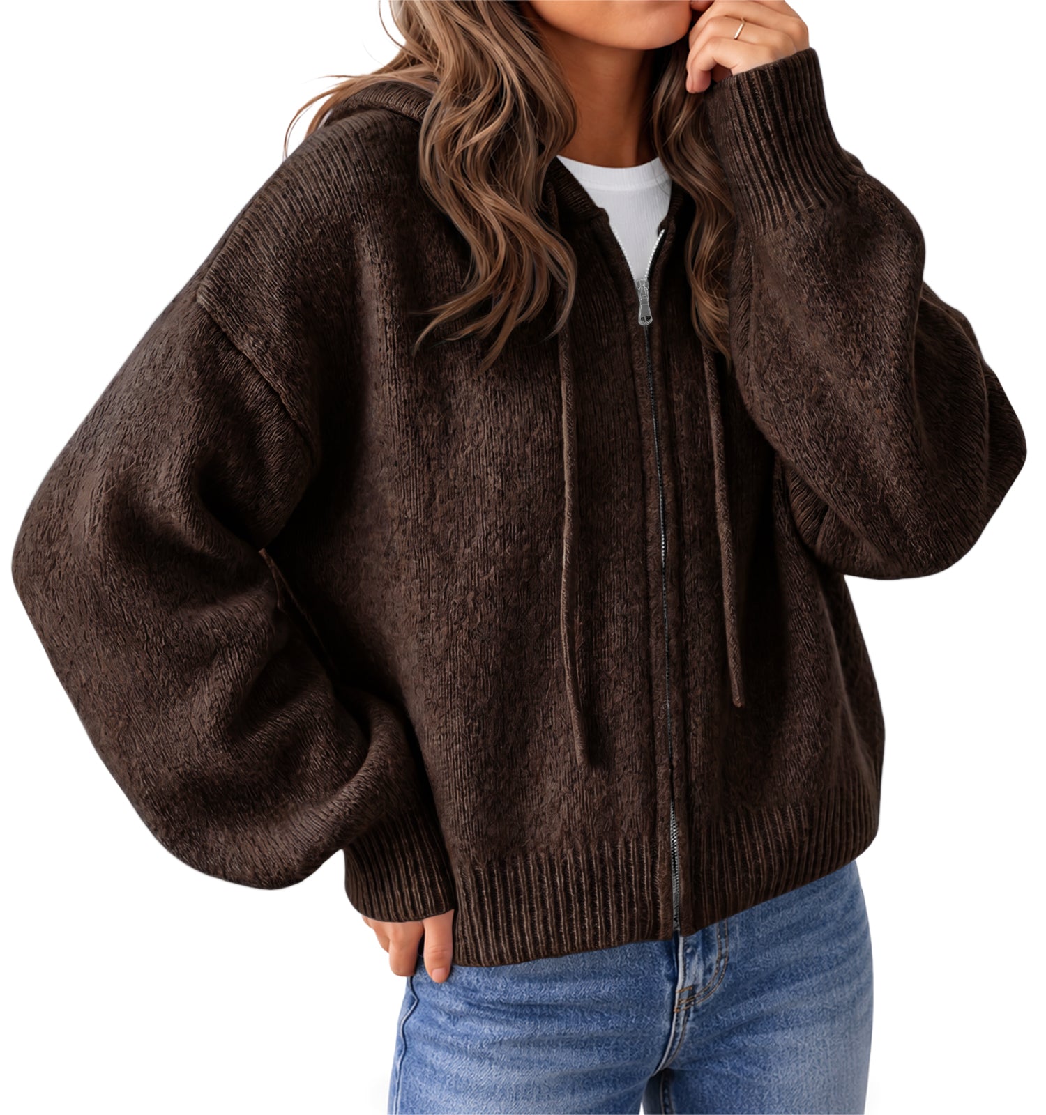 Saodimallsu Womens Zip Up Hooded Knit Cardigan