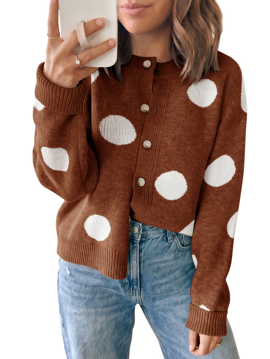 Saodimallsu Women Polka Dot Knit Cardigan