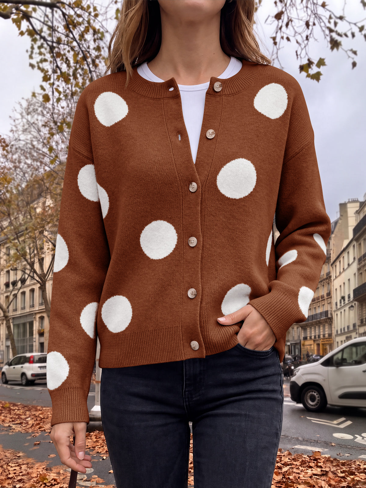 Saodimallsu Women Polka Dot Knit Cardigan