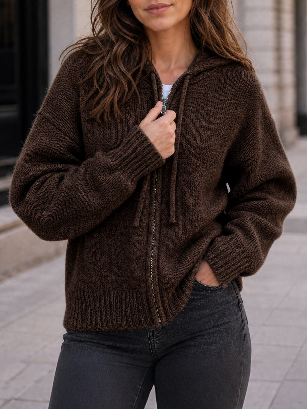 Saodimallsu Womens Zip Up Hooded Knit Cardigan