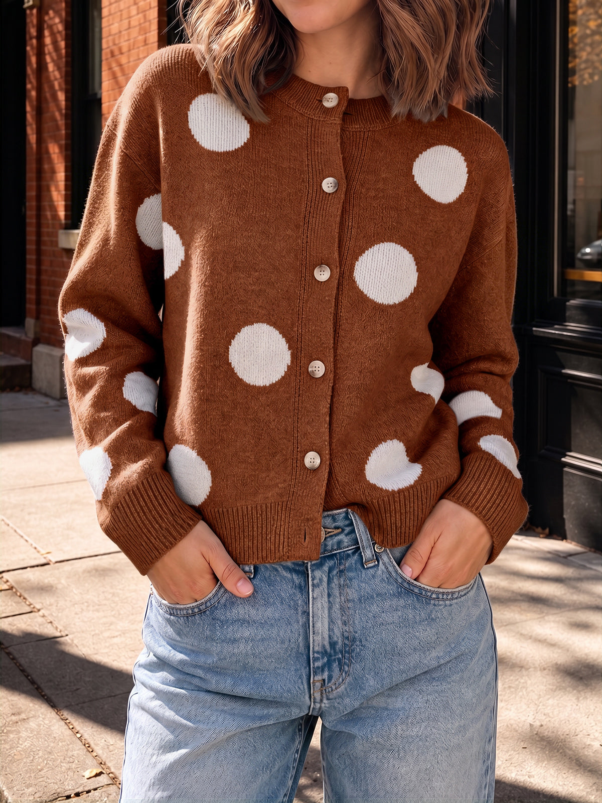 Saodimallsu Women Polka Dot Knit Cardigan