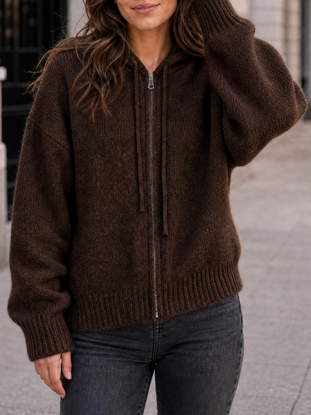 Saodimallsu Womens Zip Up Hooded Knit Cardigan