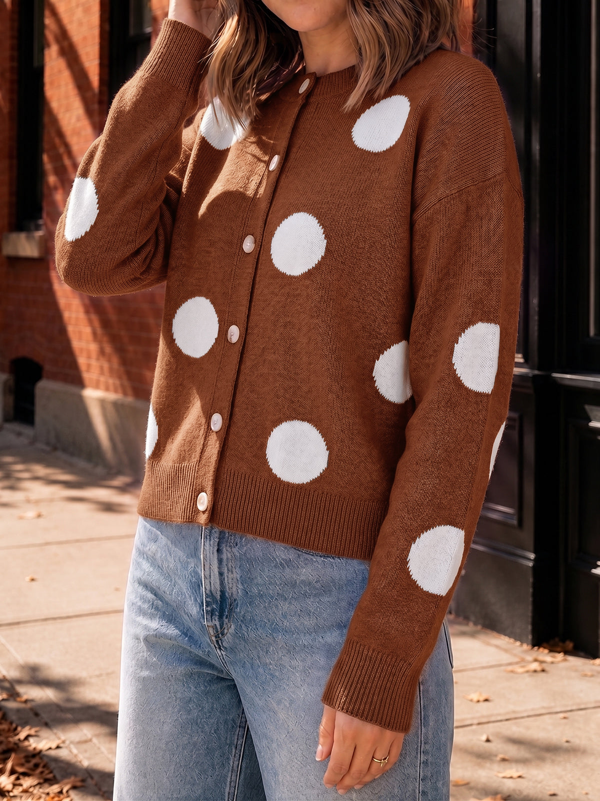 Saodimallsu Women Polka Dot Knit Cardigan