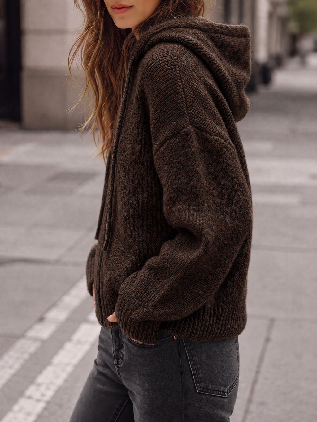 Saodimallsu Womens Zip Up Hooded Knit Cardigan