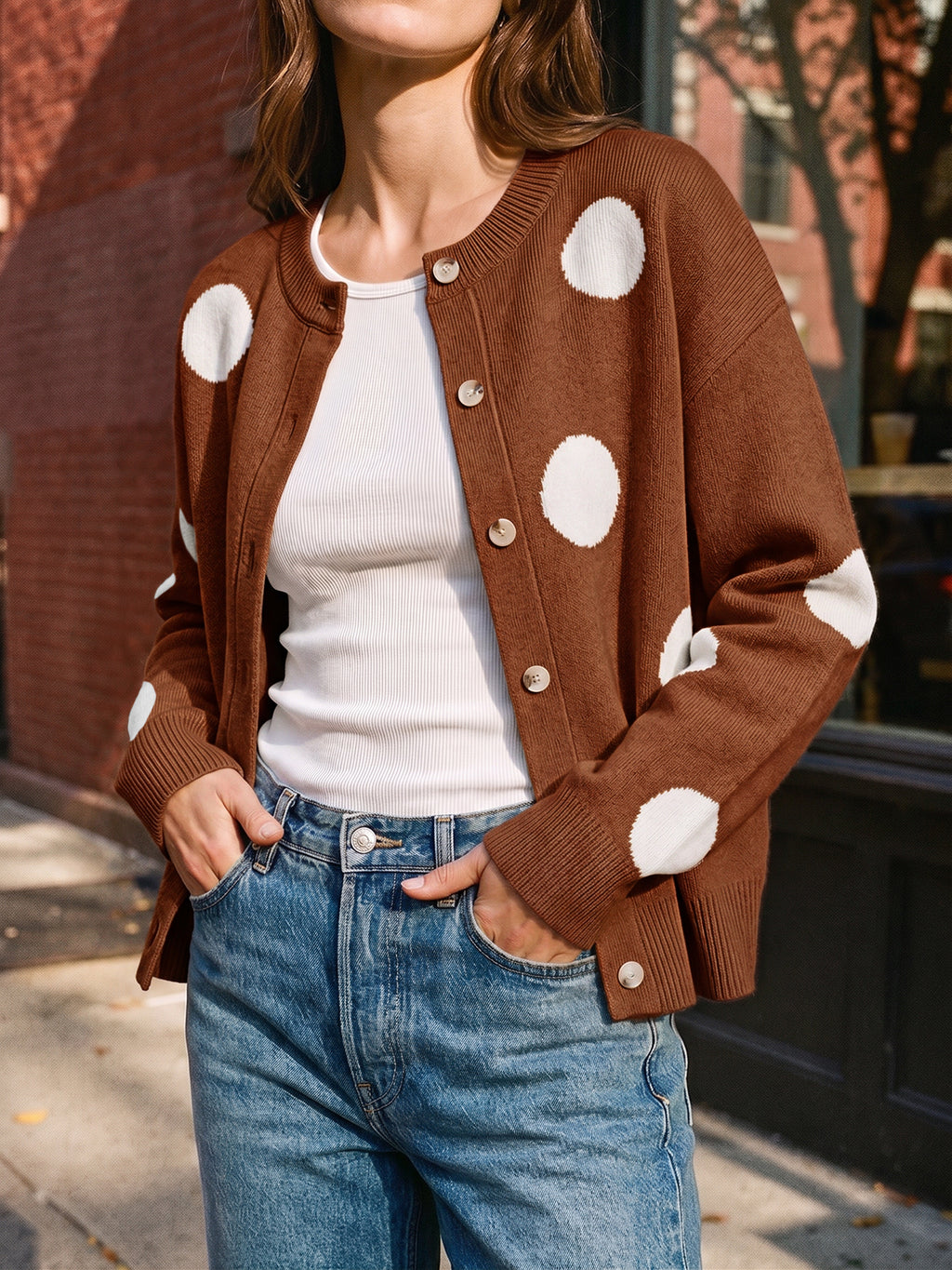 Saodimallsu Women Polka Dot Knit Cardigan