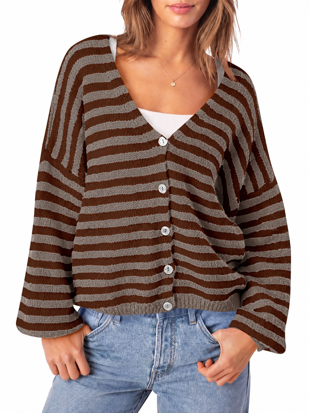 Saodimallsu Women Striped V-Neck Knit Cardigan Sweater