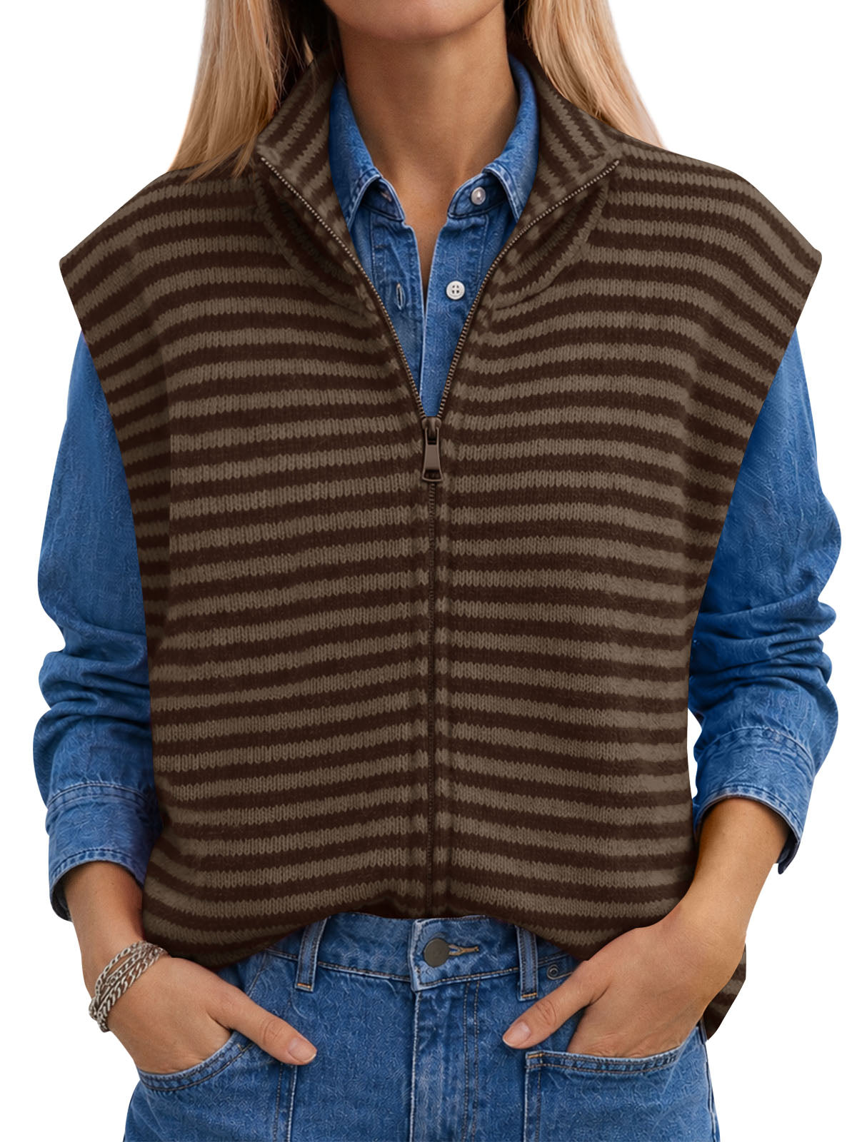 Saodimallsu Women Striped Zip Up Knit Cardigan