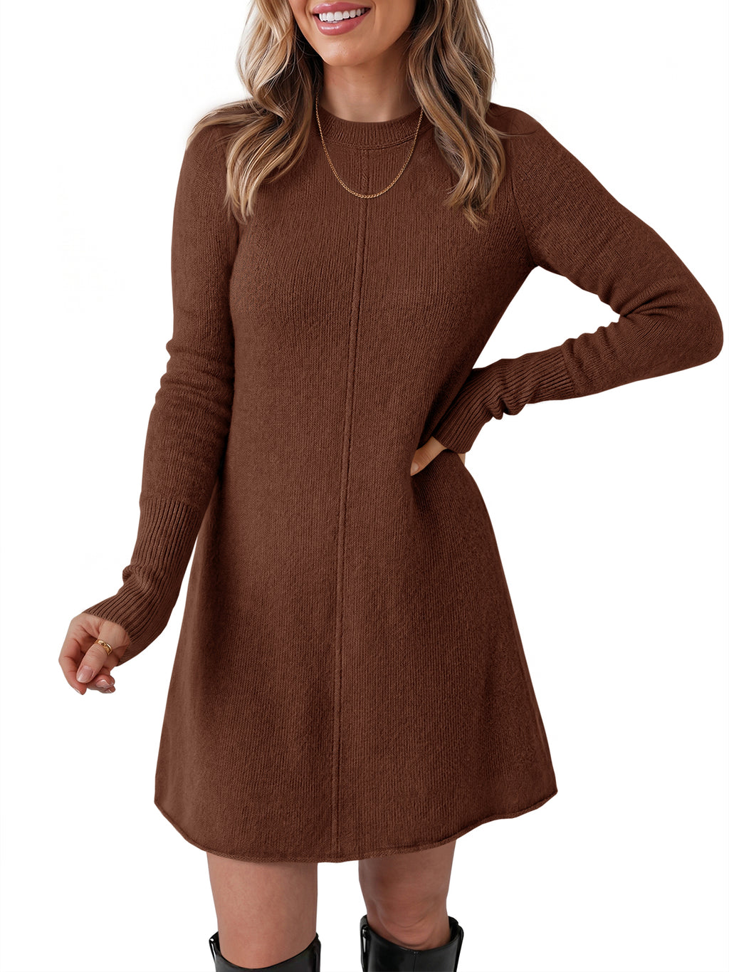 Saodimallsu Women Long Sleeve Knit Fit Flare Mini Sweater Dress