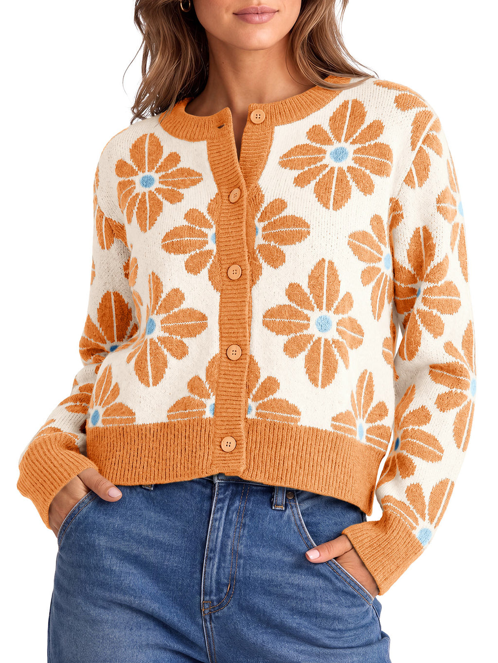 Saodimallsu Womens Floral Button Up Vintage Sweater