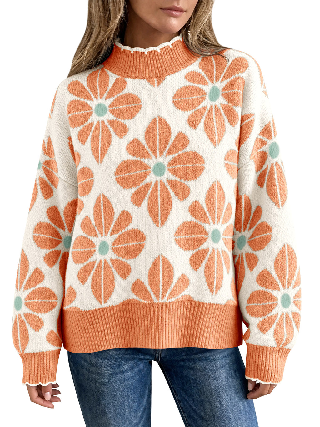 Saodimallsu Womens Mock Neck Floral Knit Sweater